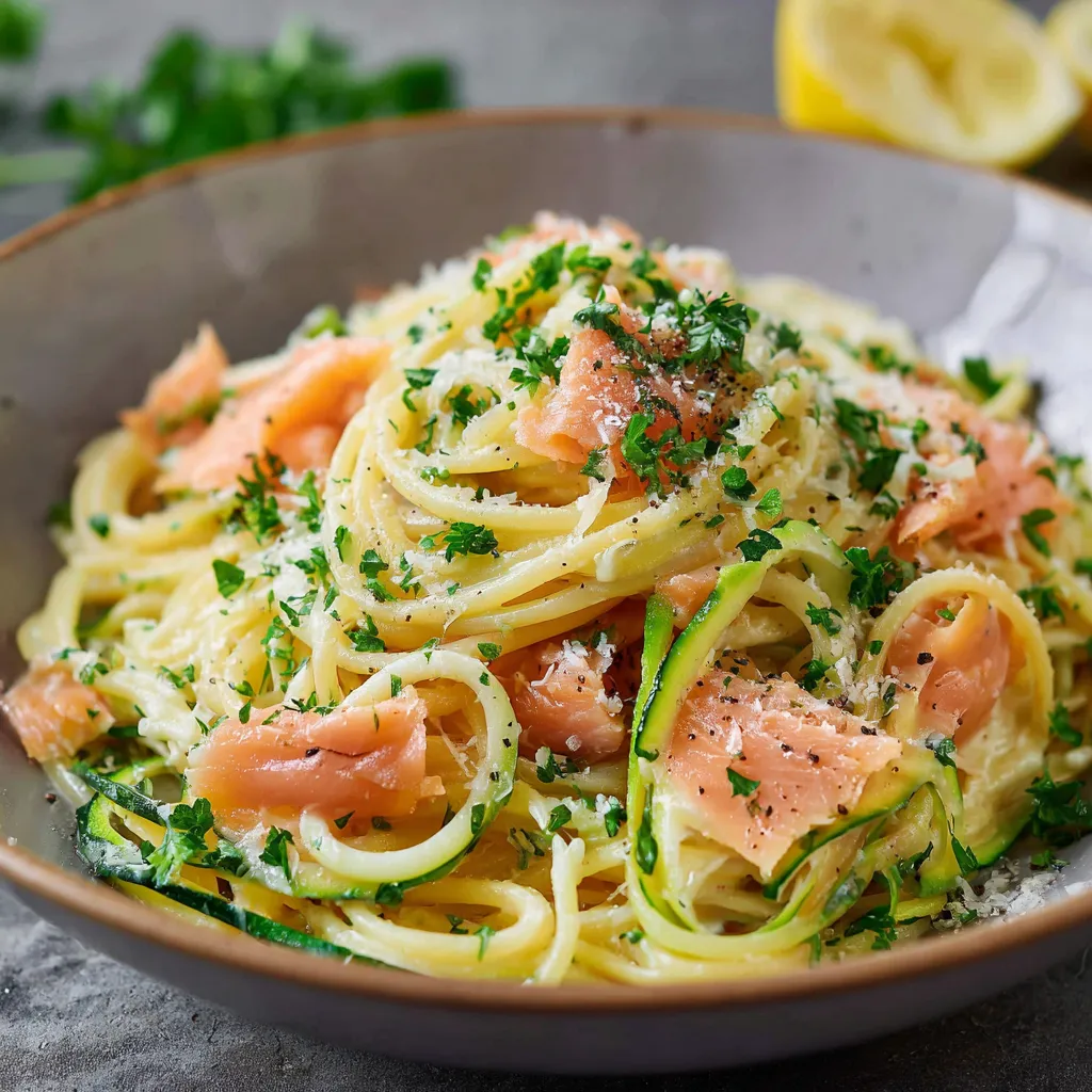 Assiette de spaghetti au saumon fumé et courgettes avec sauce crémeuse citronnée