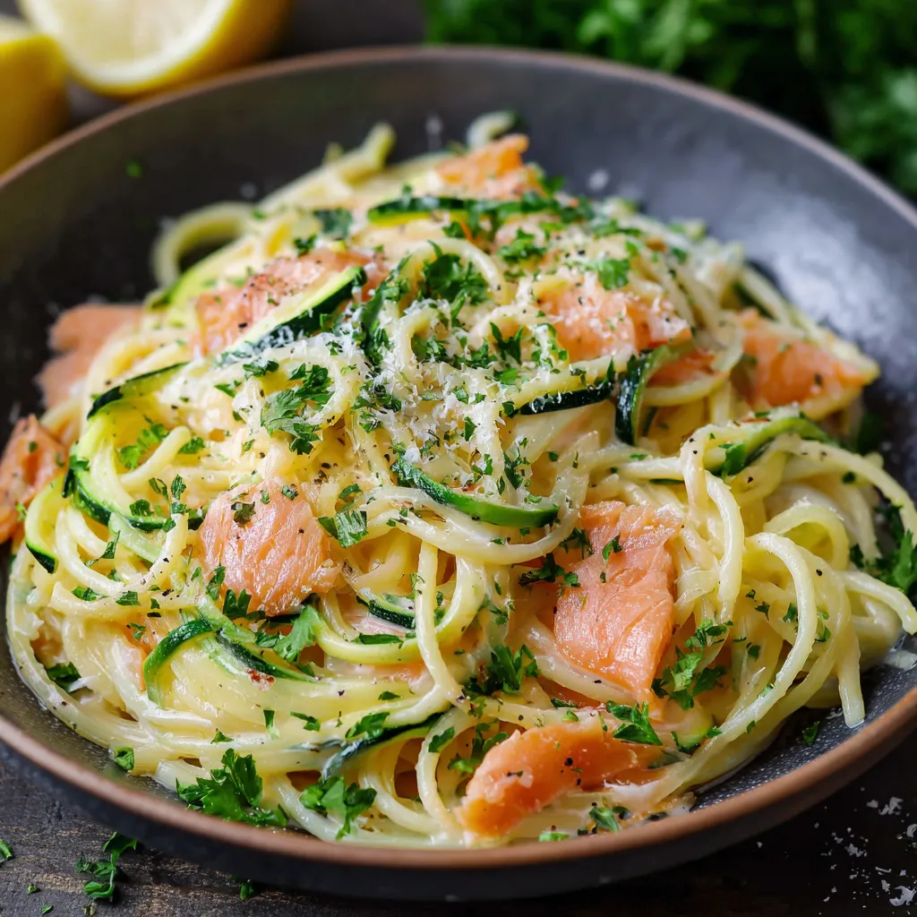 Assiette de spaghetti au saumon fumé et courgettes avec sauce crémeuse citronnée