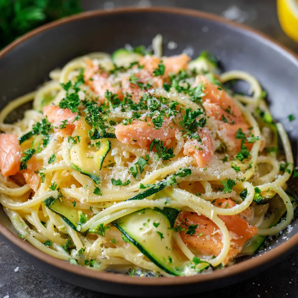 Assiette de spaghetti au saumon fumé et courgettes avec sauce crémeuse citronnée