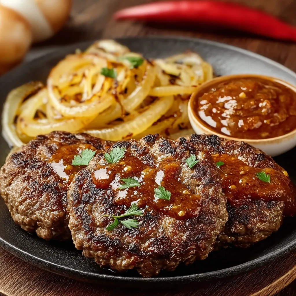 Steak haché maison nappé de sauce crémeuse aux oignons dans une poêle rustique