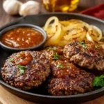 Steak haché maison nappé de sauce crémeuse aux oignons dans une poêle rustique