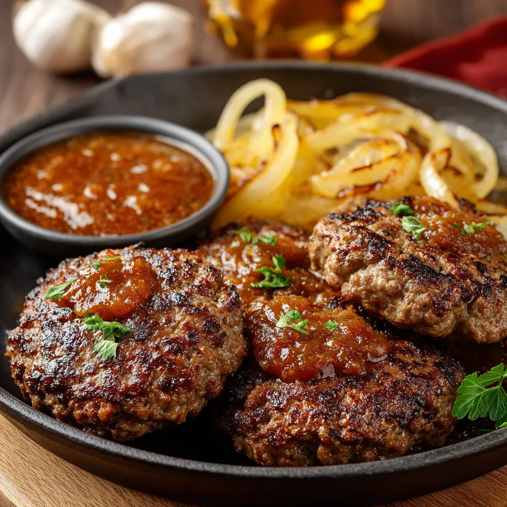 Steak haché maison nappé de sauce crémeuse aux oignons dans une poêle rustique