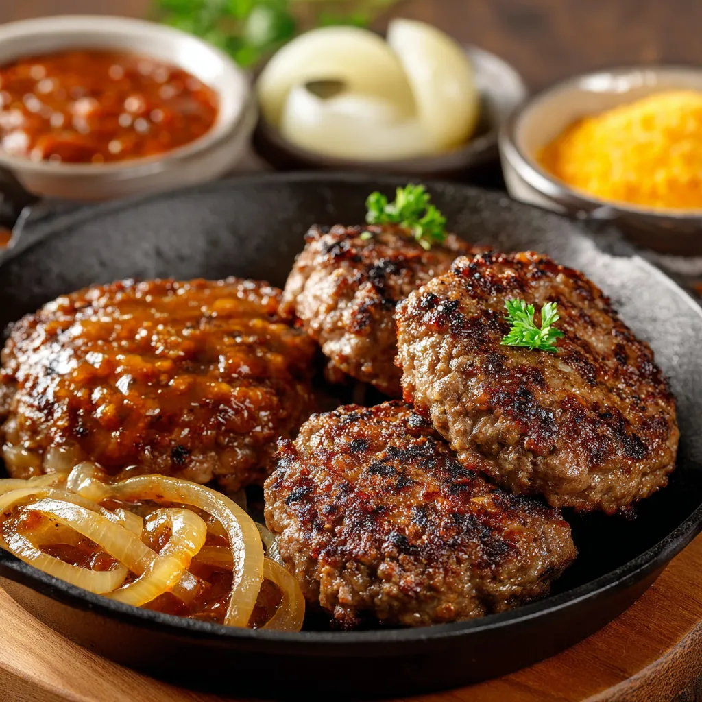 Steak haché maison nappé de sauce crémeuse aux oignons dans une poêle rustique
