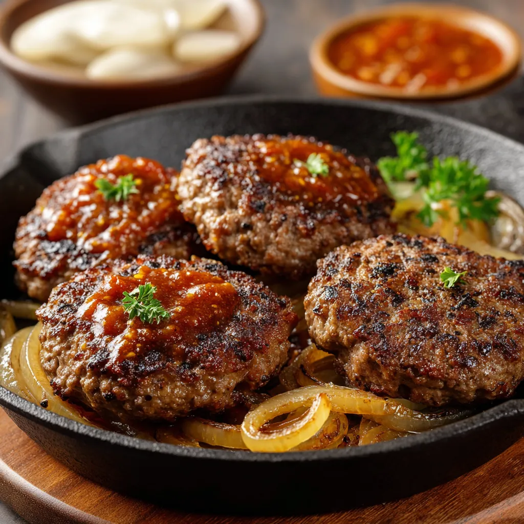 Steak haché maison nappé de sauce crémeuse aux oignons dans une poêle rustique
