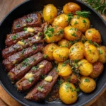 Steak doré au beurre à l’ail servi avec des pommes de terre rôties en poêle