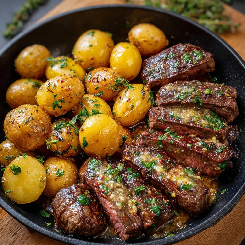 Steak doré au beurre à l’ail servi avec des pommes de terre rôties en poêle