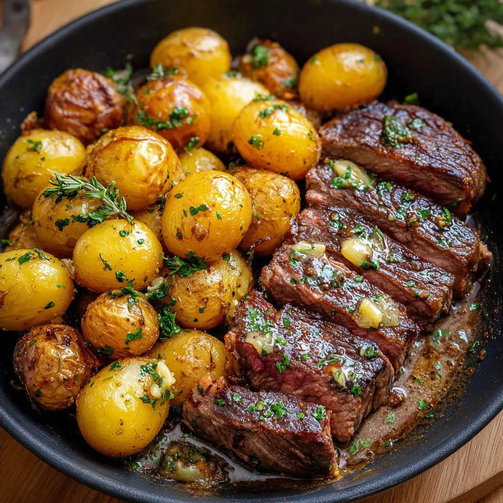 Steak doré au beurre à l’ail servi avec des pommes de terre rôties en poêle