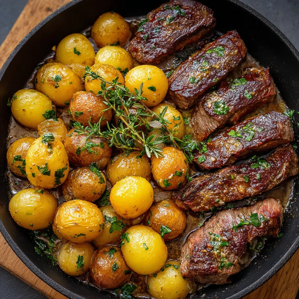 Steak doré au beurre à l’ail servi avec des pommes de terre rôties en poêle