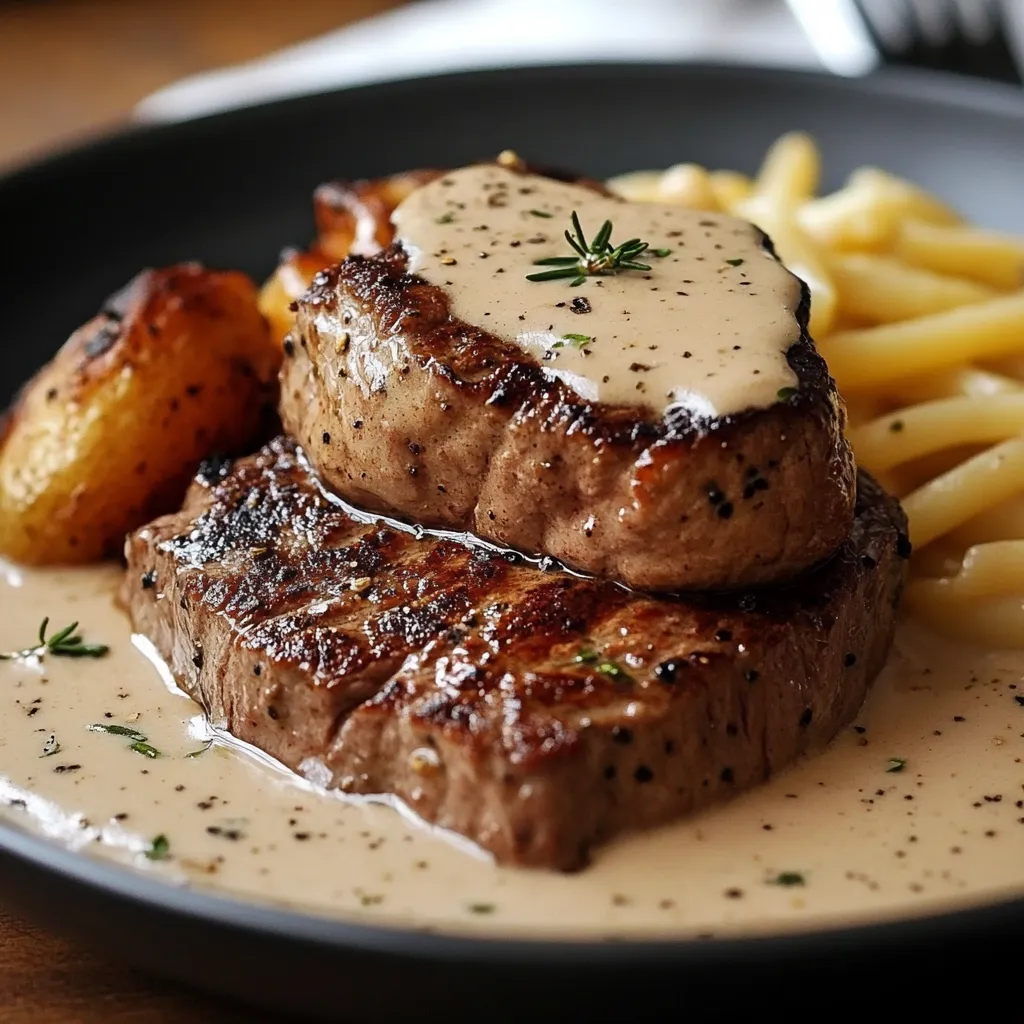 Steak au poivre nappé de sauce crémeuse servi dans une assiette en porcelaine