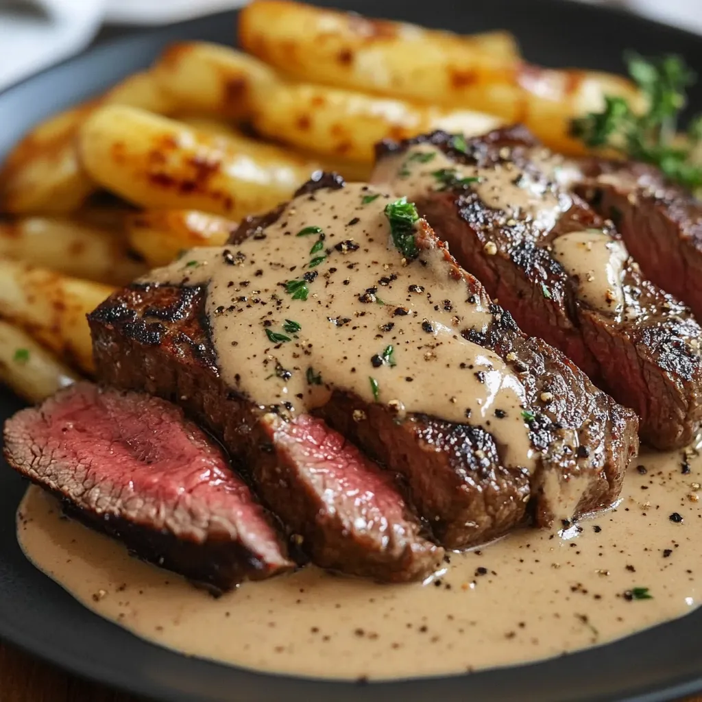 Steak au poivre nappé de sauce crémeuse servi dans une assiette en porcelaine
