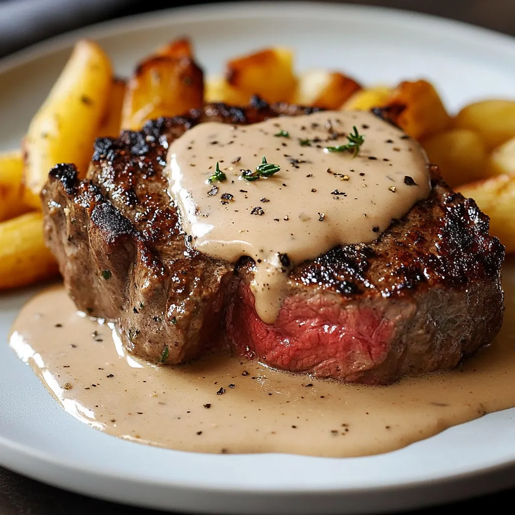 Steak au poivre nappé de sauce crémeuse servi dans une assiette en porcelaine