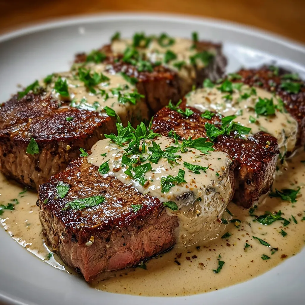 Steak juteux nappé d’une sauce crémeuse à l’ail servi avec persil frais