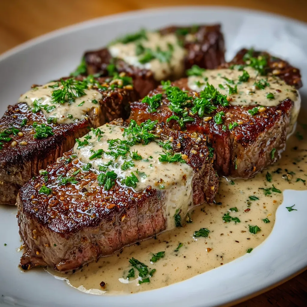 Steak juteux nappé d’une sauce crémeuse à l’ail servi avec persil frais