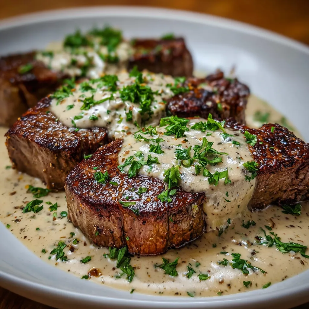Steak juteux nappé d’une sauce crémeuse à l’ail servi avec persil frais