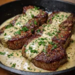 Steak juteux nappé d’une sauce crémeuse à l’ail servi avec persil frais