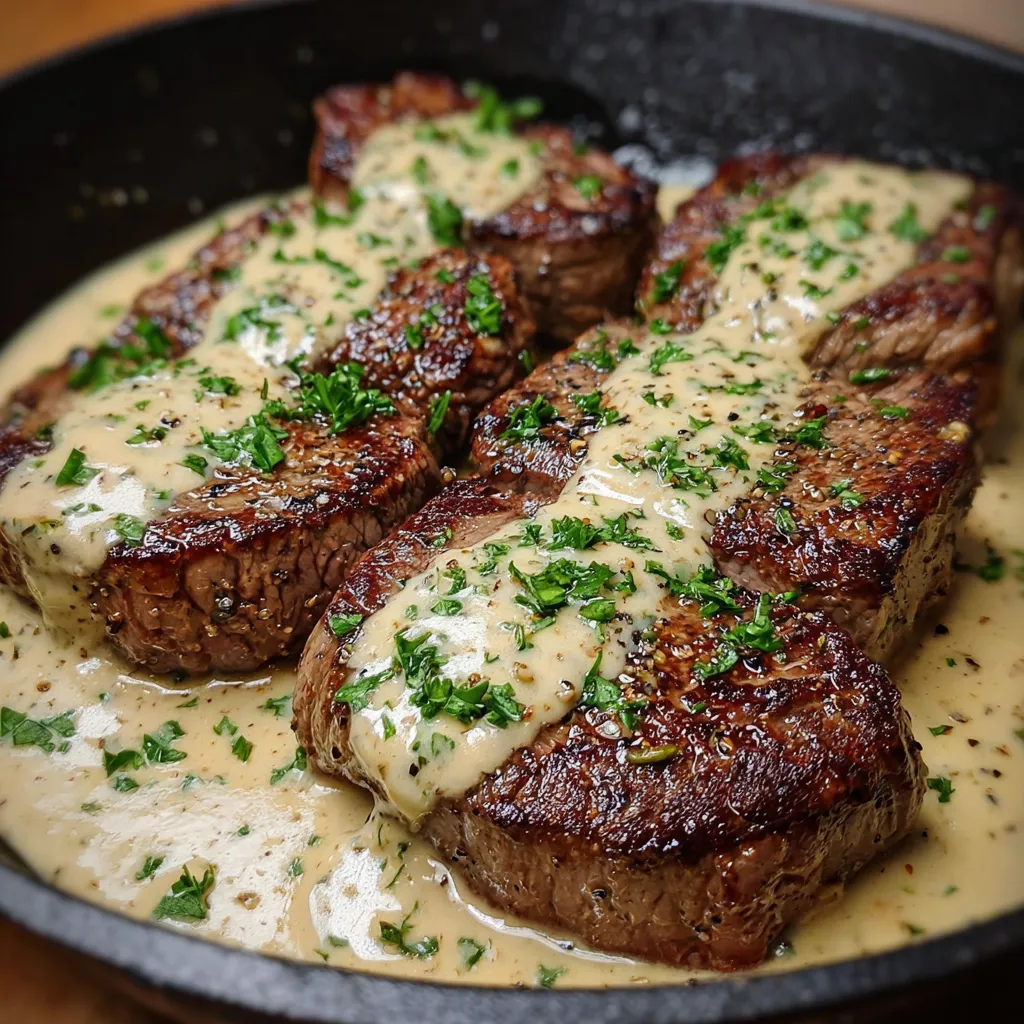 Steak juteux nappé d’une sauce crémeuse à l’ail servi avec persil frais