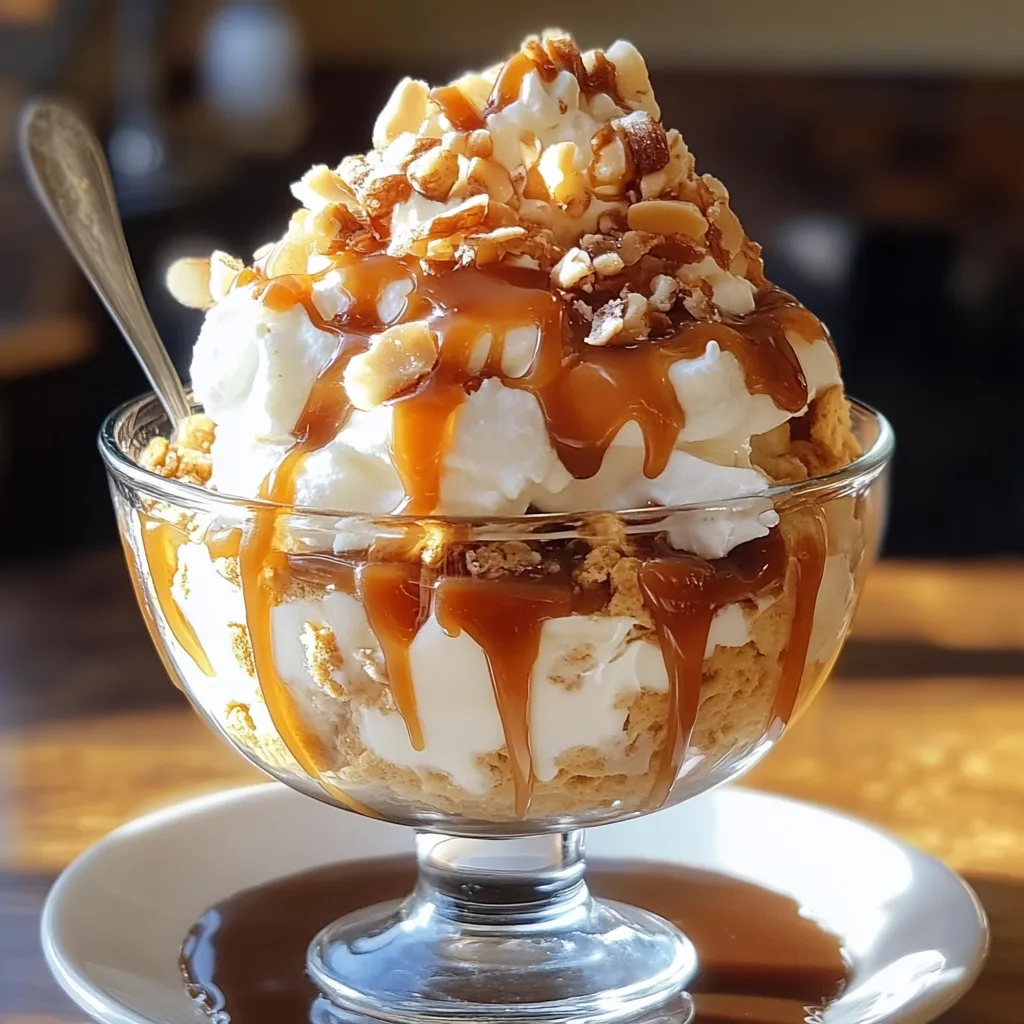 Sundae caramel maison dans une verrine avec spirale de crème, caramel et éclats de cacahuètes