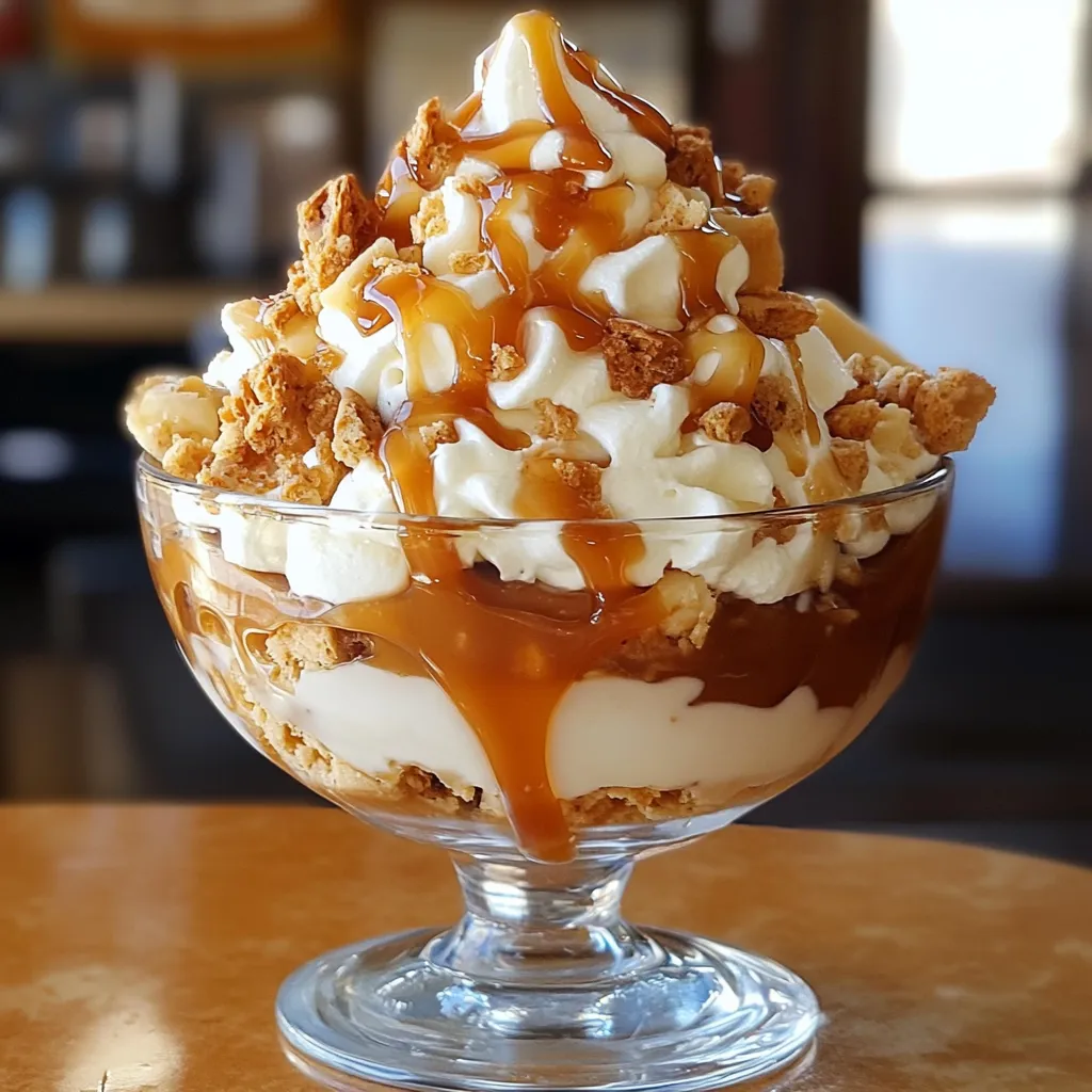 Sundae caramel maison dans une verrine avec spirale de crème, caramel et éclats de cacahuètes