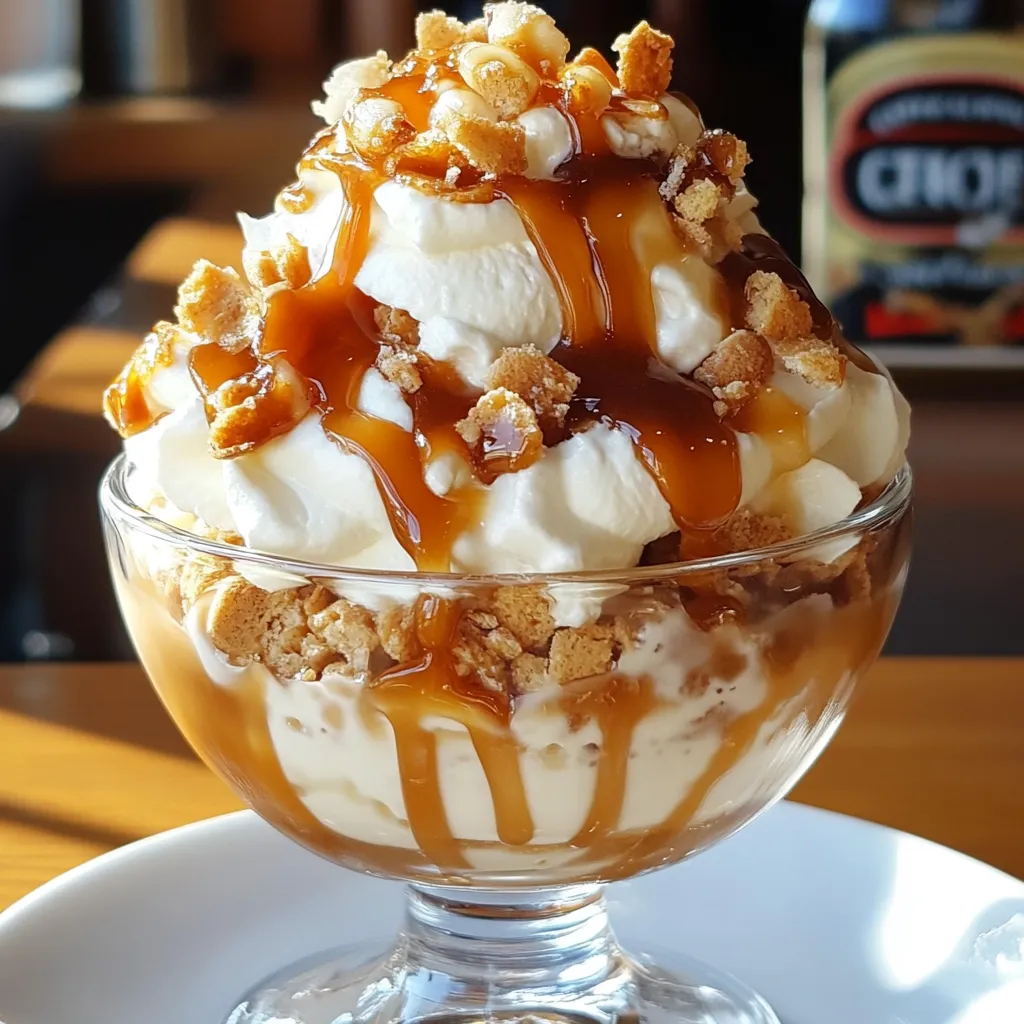 Sundae caramel maison dans une verrine avec spirale de crème, caramel et éclats de cacahuètes