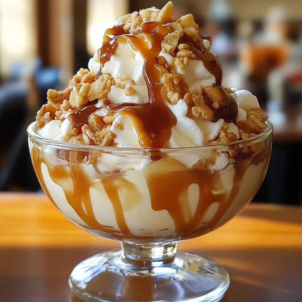 Sundae caramel maison dans une verrine avec spirale de crème, caramel et éclats de cacahuètes