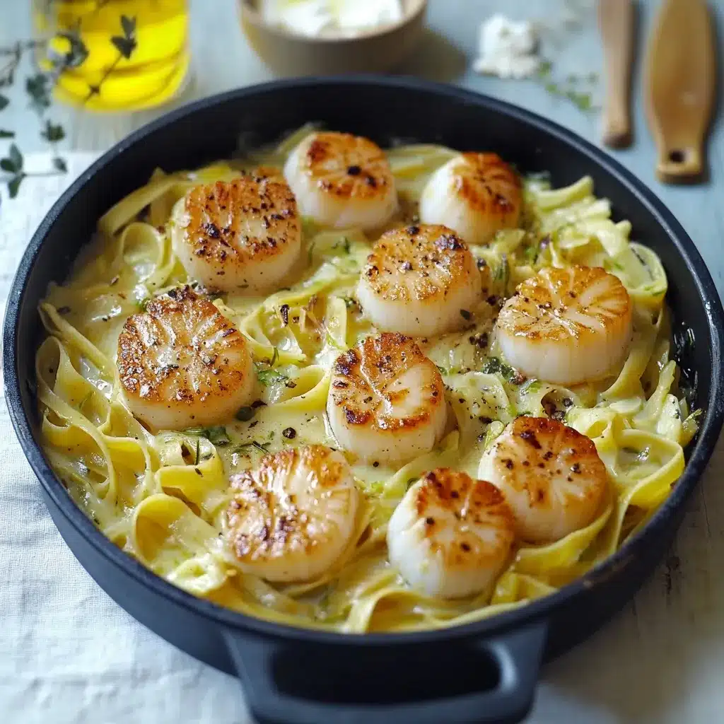 Tagliatelles aux Saint-Jacques servies avec une fondue de poireaux crémeuse et des noix dorées à la poêle