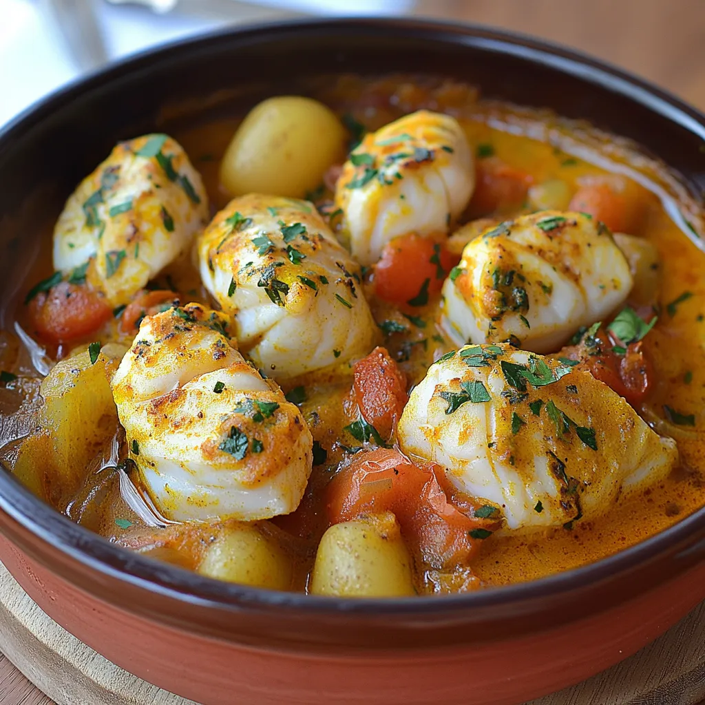Tajine de lotte au safran et curry servi chaud dans un plat traditionnel avec du riz en accompagnement