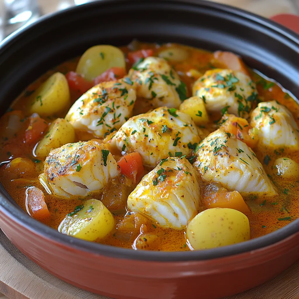 Tajine de lotte au safran et curry servi chaud dans un plat traditionnel avec du riz en accompagnement