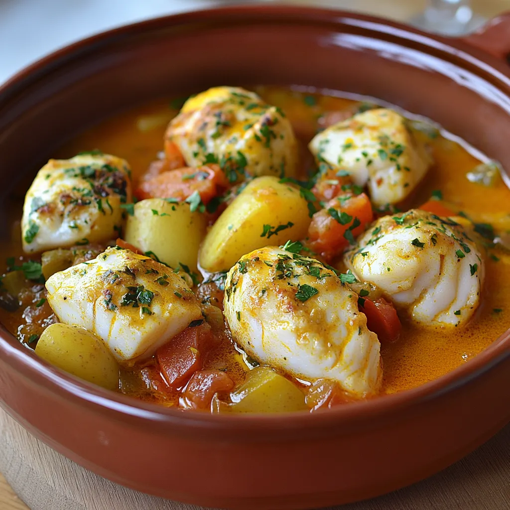Tajine de lotte au safran et curry servi chaud dans un plat traditionnel avec du riz en accompagnement