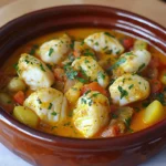 Tajine de lotte au safran et curry servi chaud dans un plat traditionnel avec du riz en accompagnement