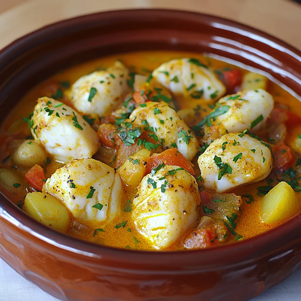 Tajine de lotte au safran et curry servi chaud dans un plat traditionnel avec du riz en accompagnement