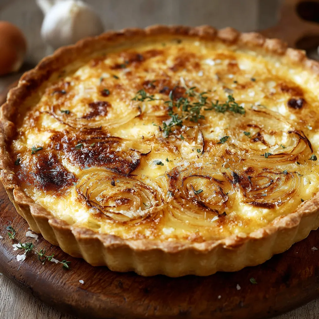 Tarte alsacienne aux oignons et au fromage blanc dorée sur une table en bois