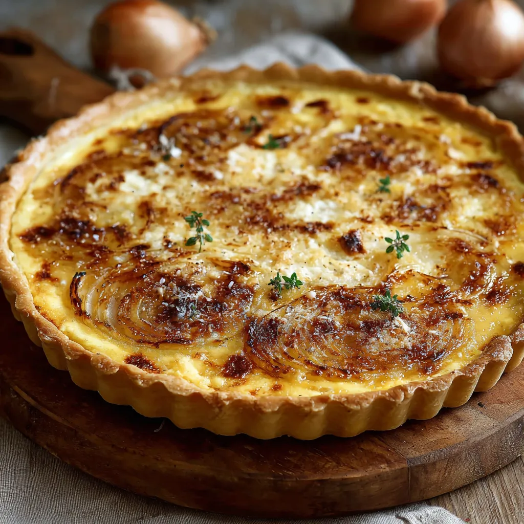 Tarte alsacienne aux oignons et au fromage blanc dorée sur une table en bois