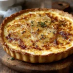 Tarte alsacienne aux oignons et au fromage blanc dorée sur une table en bois