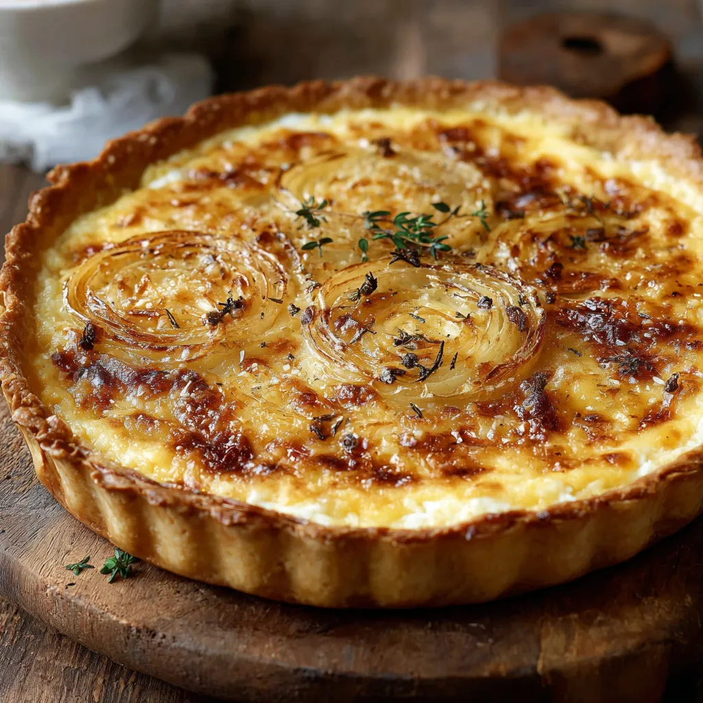 Tarte alsacienne aux oignons et au fromage blanc dorée sur une table en bois