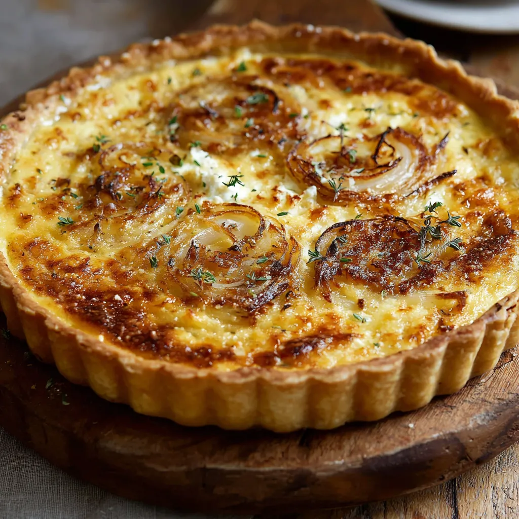 Tarte alsacienne aux oignons et au fromage blanc dorée sur une table en bois