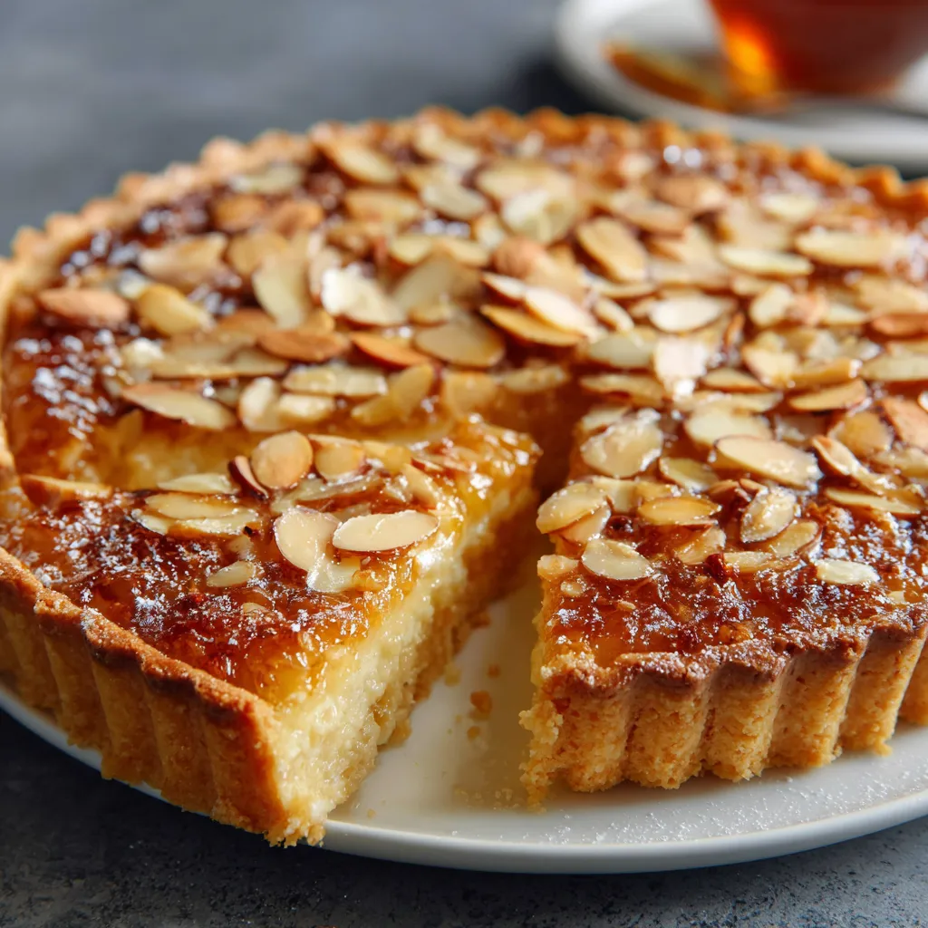 Tarte aux amandes et miel dorée, posée sur un plat rustique