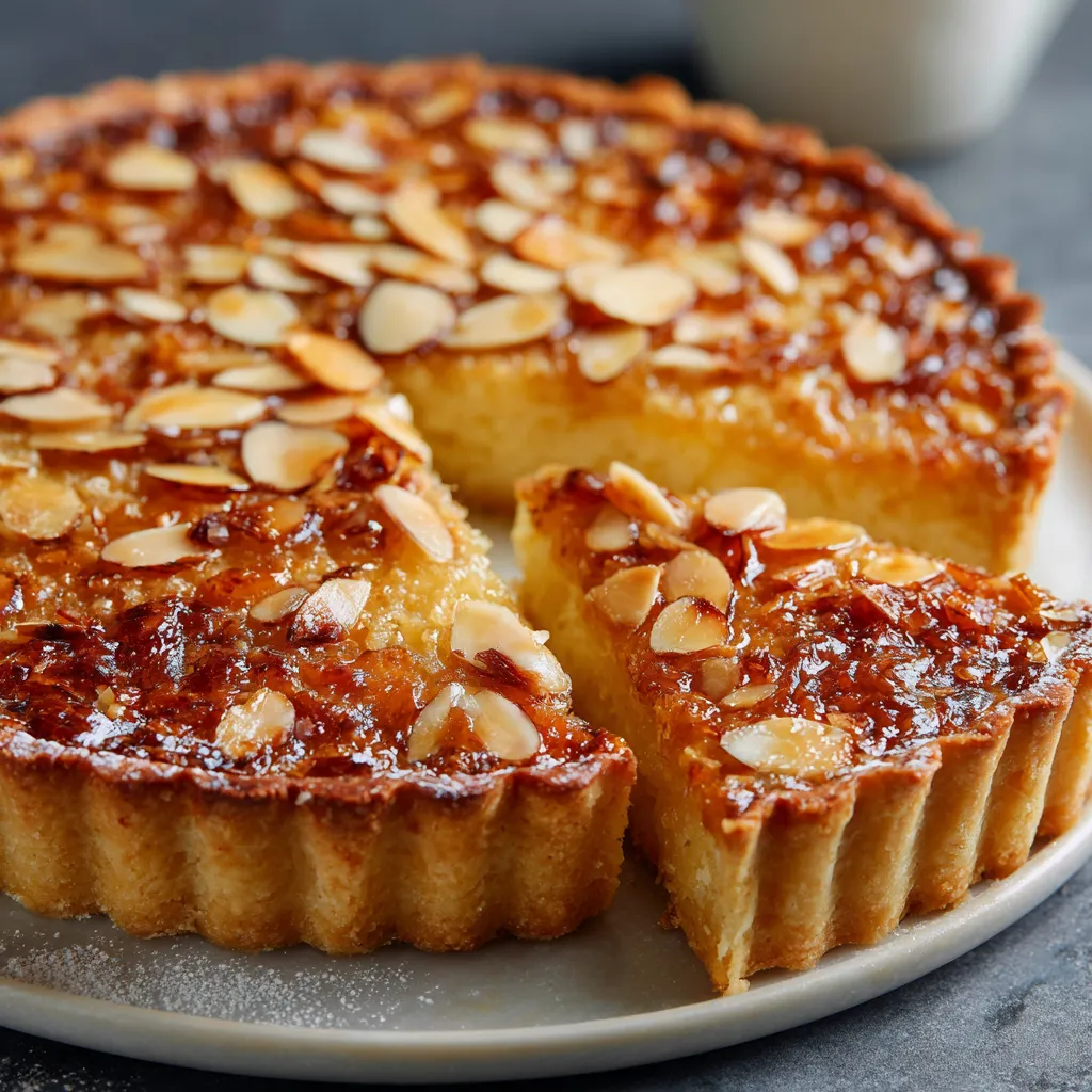 Tarte aux amandes et miel dorée, posée sur un plat rustique