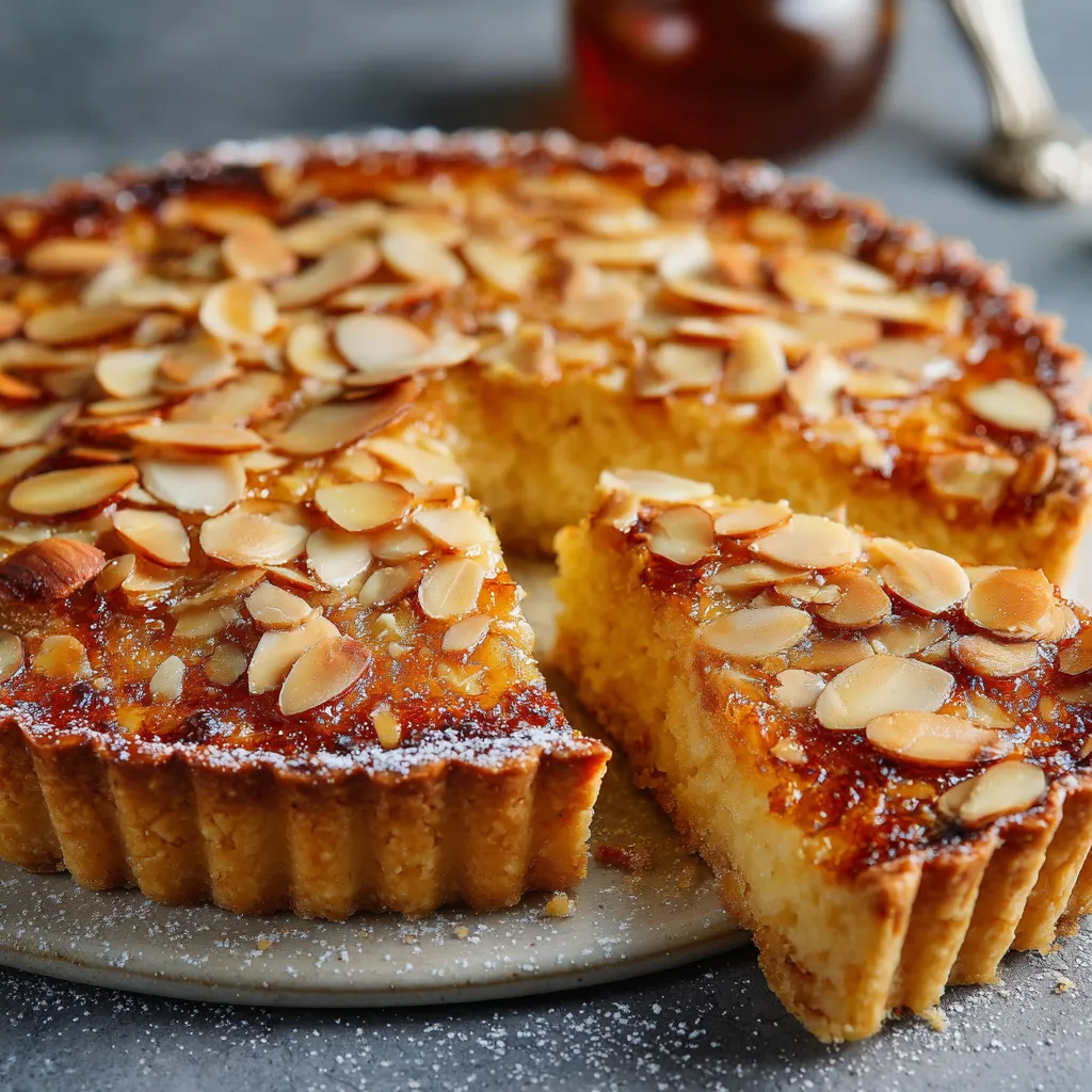 Tarte aux amandes et miel dorée, posée sur un plat rustique