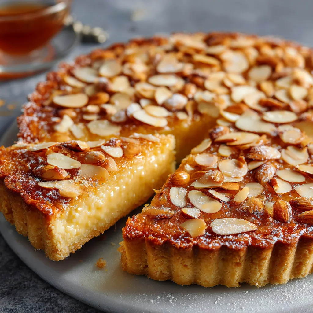 Tarte aux amandes et miel dorée, posée sur un plat rustique