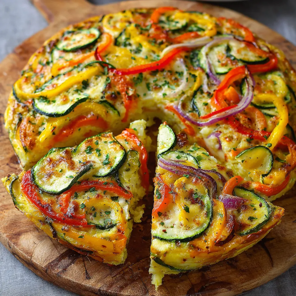 Tarte de courgettes aux légumes sans pâte à la poêle – prête à être servie, dorée et fondante avec une belle garniture colorée.