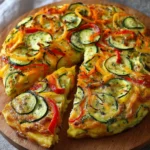 Tarte de courgettes aux légumes sans pâte à la poêle – prête à être servie, dorée et fondante avec une belle garniture colorée.
