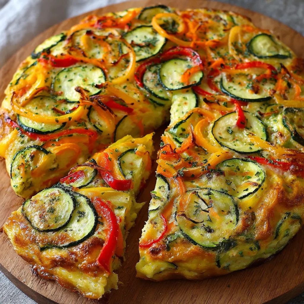 Tarte de courgettes aux légumes sans pâte à la poêle – prête à être servie, dorée et fondante avec une belle garniture colorée.