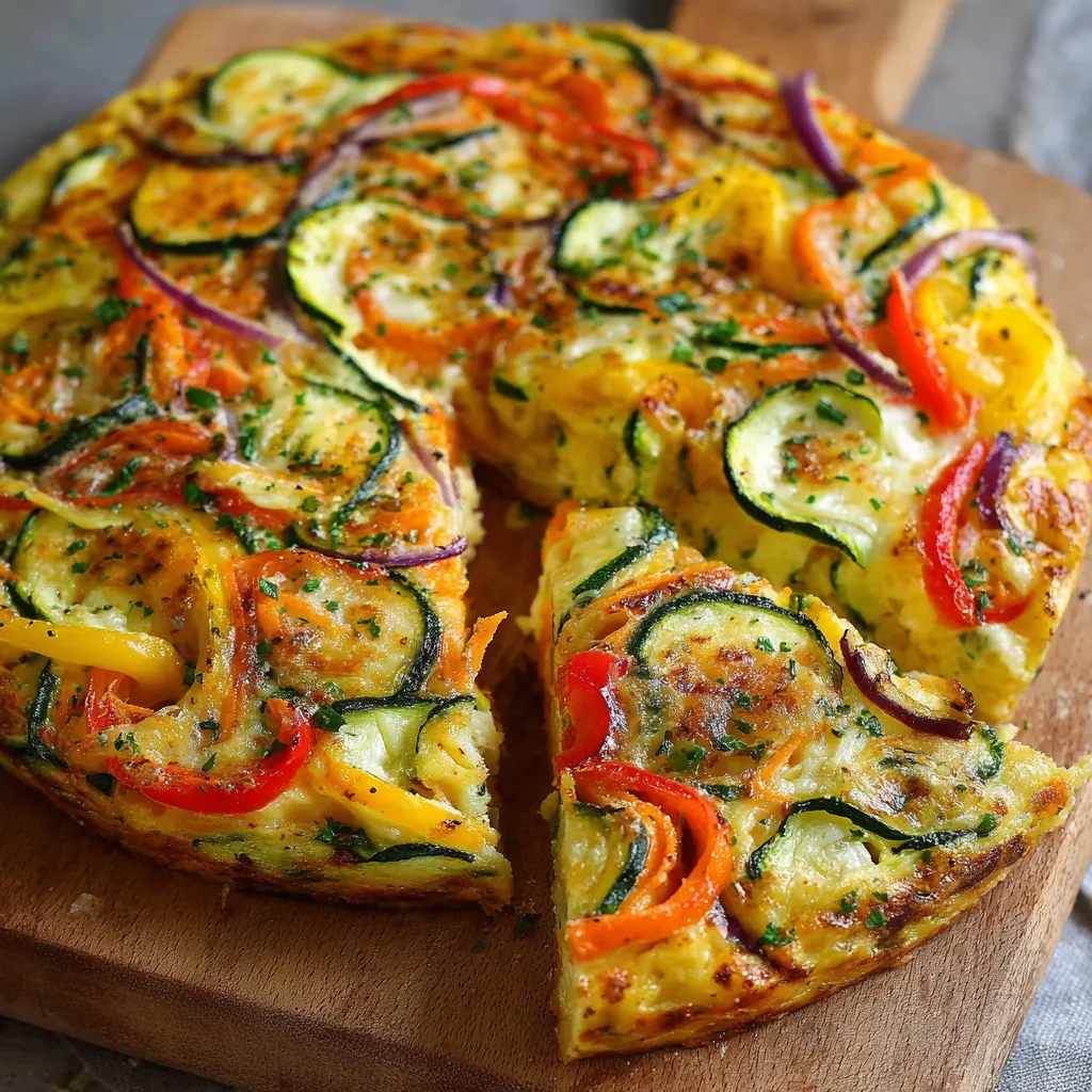 Tarte de courgettes aux légumes sans pâte à la poêle – prête à être servie, dorée et fondante avec une belle garniture colorée.