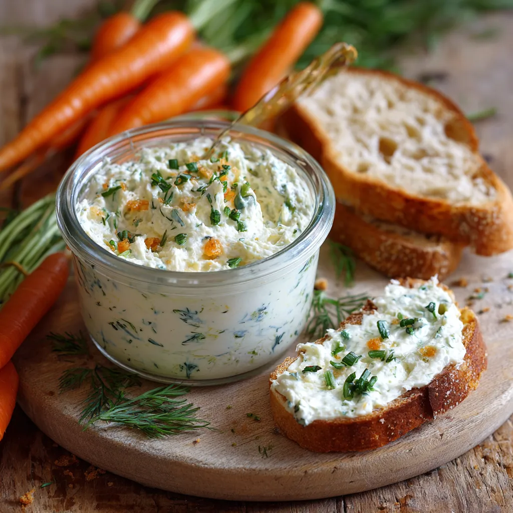 Tartinade légère aux carottes, fromage blanc et herbes servie avec des crudités croquantes