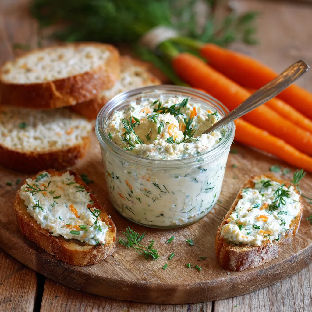 Tartinade légère aux carottes, fromage blanc et herbes servie avec des crudités croquantes