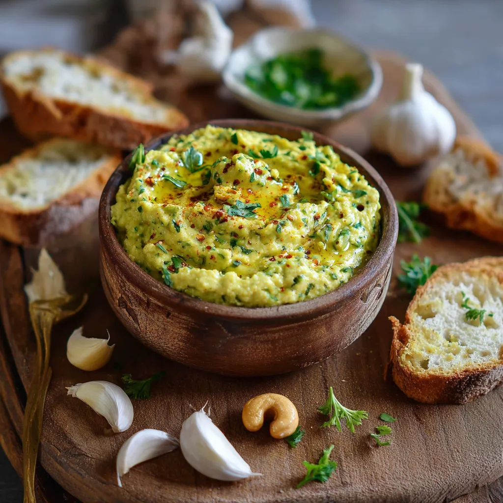 Tartinade crémeuse à base de courgette, noix de cajou et épices, servie dans un bol avec pain grillé