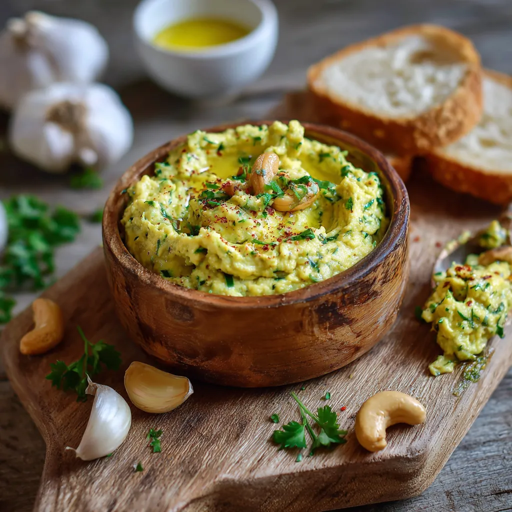 Tartinade crémeuse à base de courgette, noix de cajou et épices, servie dans un bol avec pain grillé