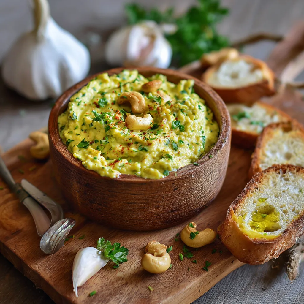 Tartinade crémeuse à base de courgette, noix de cajou et épices, servie dans un bol avec pain grillé