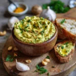 Tartinade crémeuse à base de courgette, noix de cajou et épices, servie dans un bol avec pain grillé