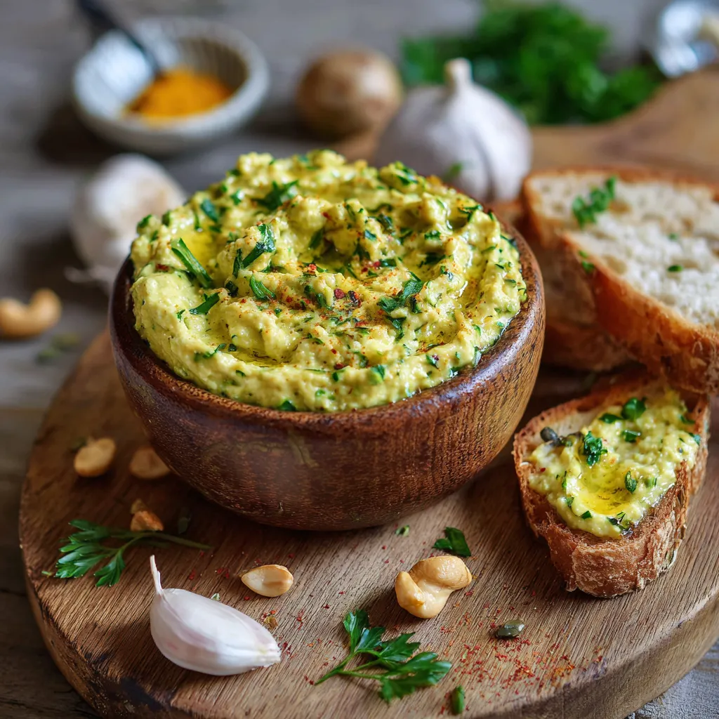 Tartinade crémeuse à base de courgette, noix de cajou et épices, servie dans un bol avec pain grillé